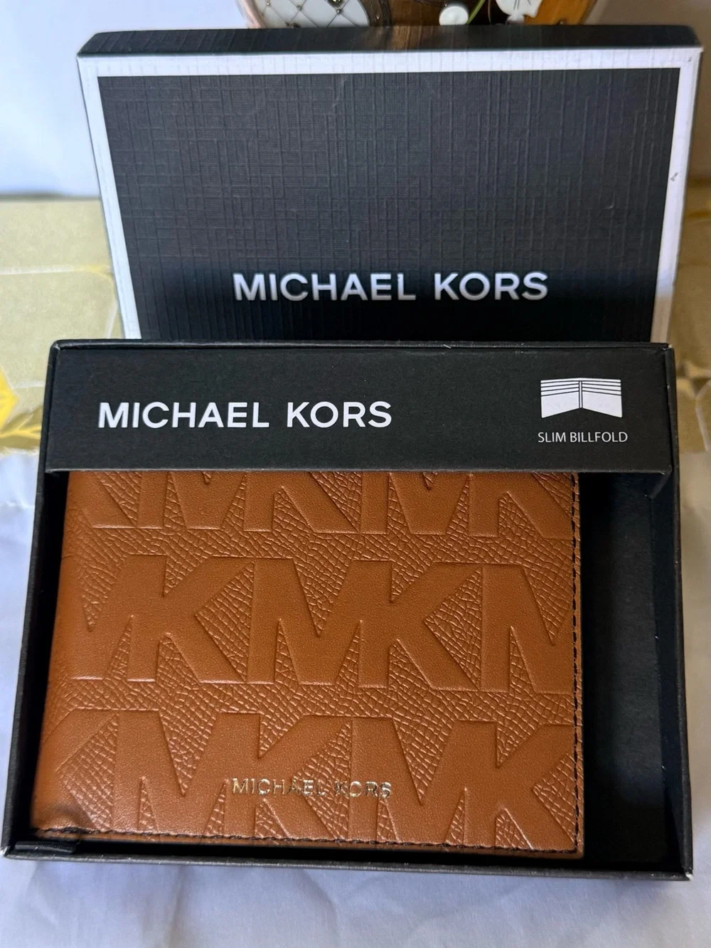 Michael Kors Brown Embossed MK Slim Billfold Card Holder